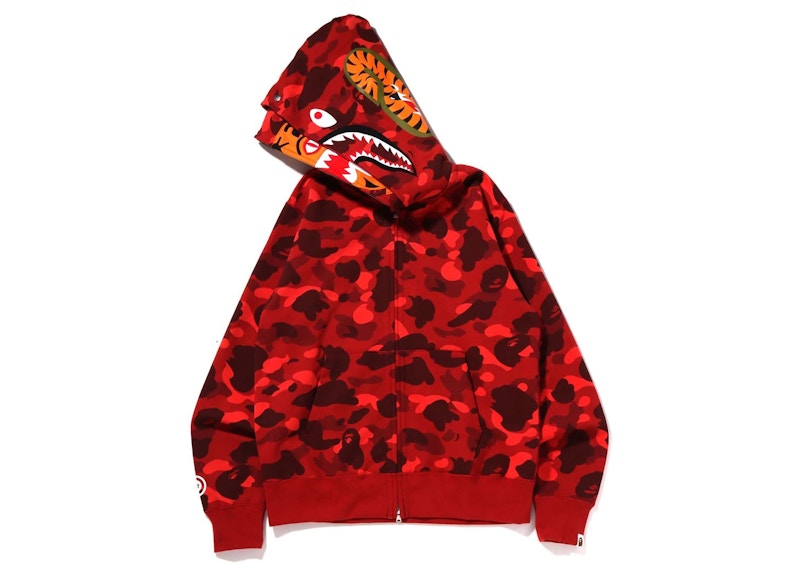 BAPE Color Camo Tiger Shark Wide Full Zip Double Hoodie (SS22) Red