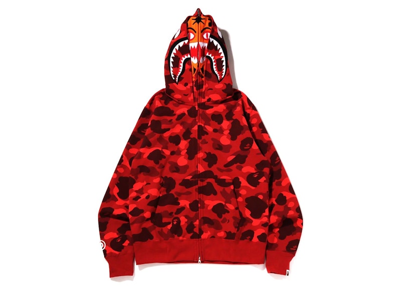 BAPE Color Camo Tiger Shark Wide Full Zip Double Hoodie (SS22) Red