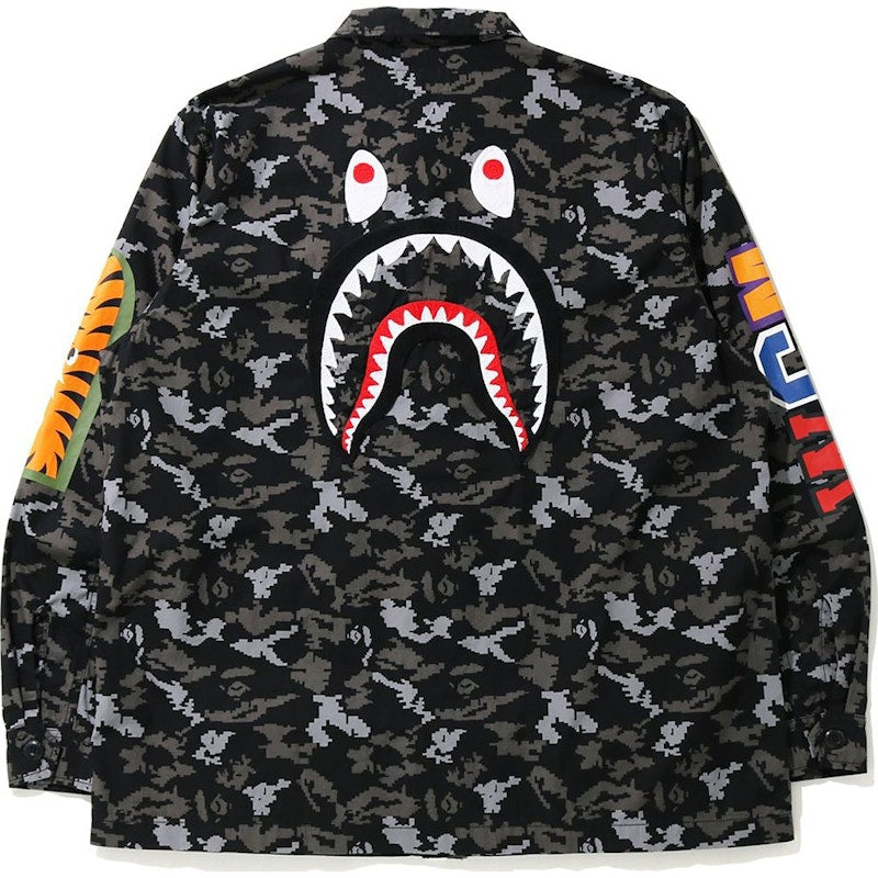 BAPE Digital Camo Shark Military Relaxed Shirt Black