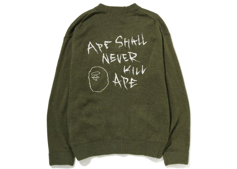 BAPE Embroidery Shaggy Knit Cardigan Olive Drab