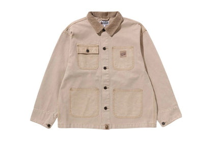 BAPE Line Camo Jacquard Patched Pocket Garment Dye Work Jacket Beige