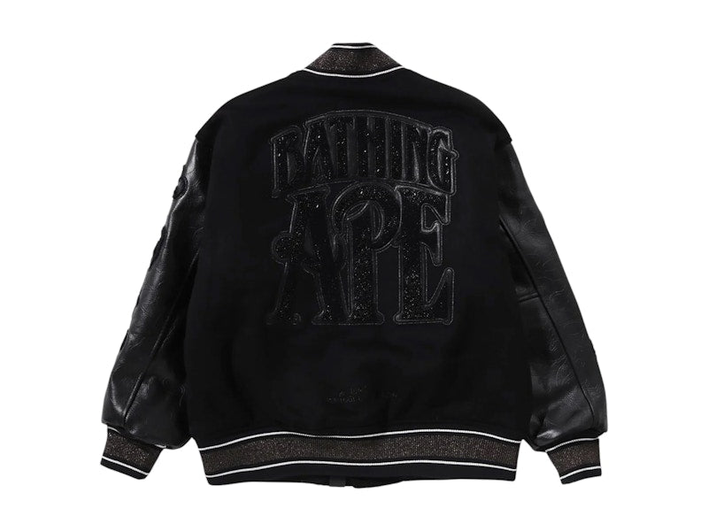 BAPE Line Camo Multi Logo Wool Varsity Jacket Black