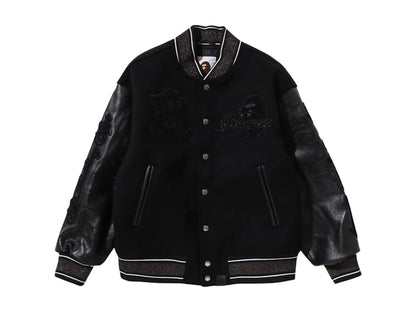 BAPE Line Camo Multi Logo Wool Varsity Jacket Black