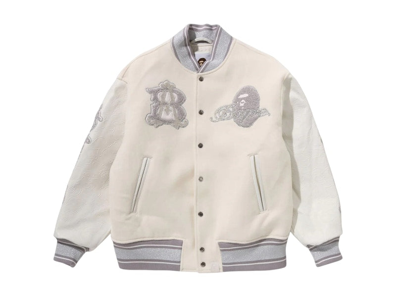 BAPE Line Camo Multi Logo Wool Varsity Jacket Ivory