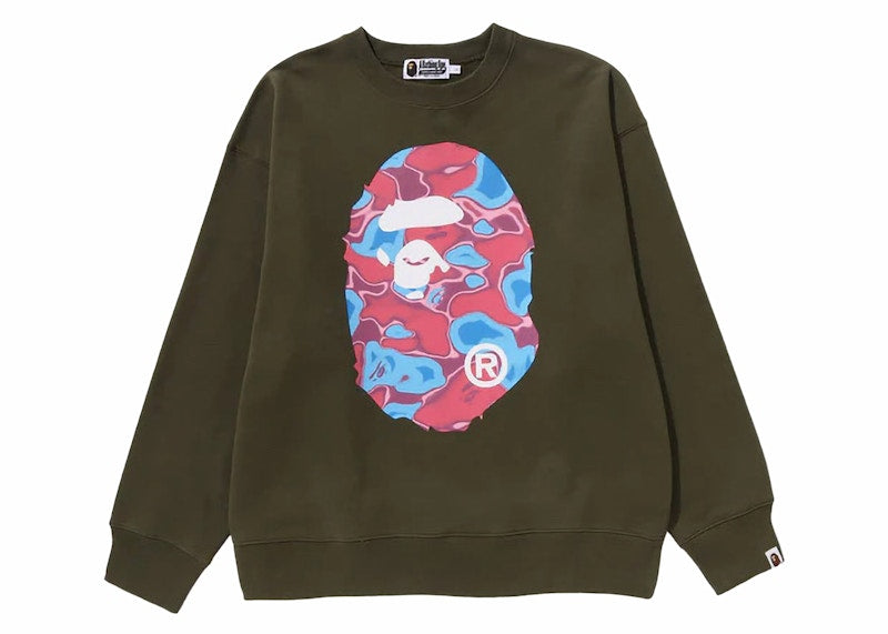 BAPE Liquid Camo Ape Head Relaxed Fit Crewneck Olivedrab