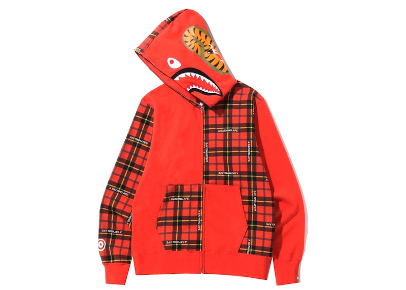 BAPE Logo Check Shark Full Zip Hoodie Red