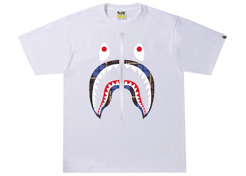 BAPE Logo Check Shark Tee White/Blue