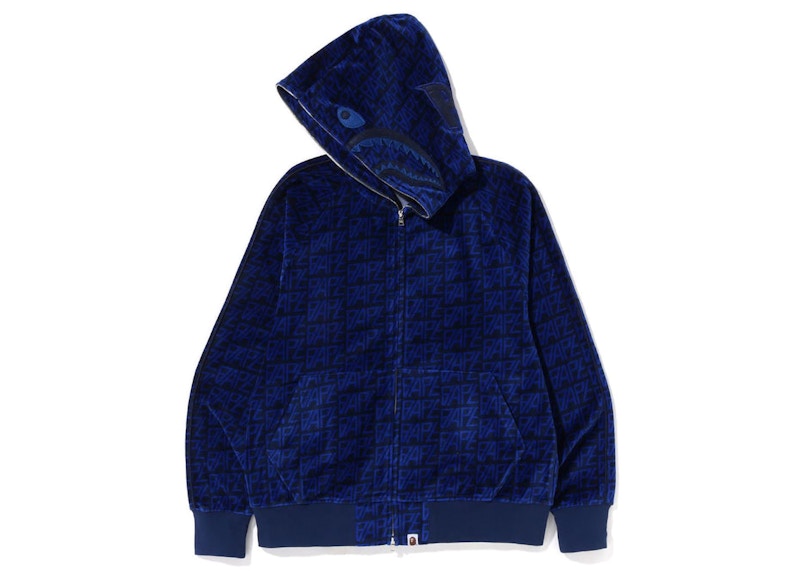 BAPE Logo Monogram Velour Shark Full Zip Hoodie Navy
