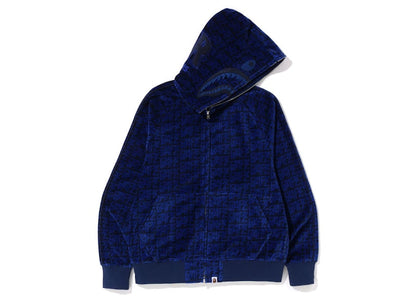 BAPE Logo Monogram Velour Shark Full Zip Hoodie Navy