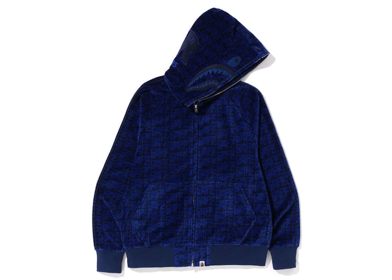 BAPE Logo Monogram Velour Shark Full Zip Hoodie Navy