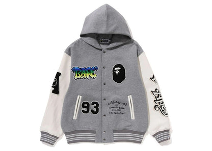 BAPE Lux Sport Badges Oversized Hooded Sweat Varsity Jacket Gray