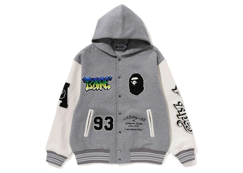 BAPE Lux Sport Badges Oversized Hooded Sweat Varsity Jacket Gray