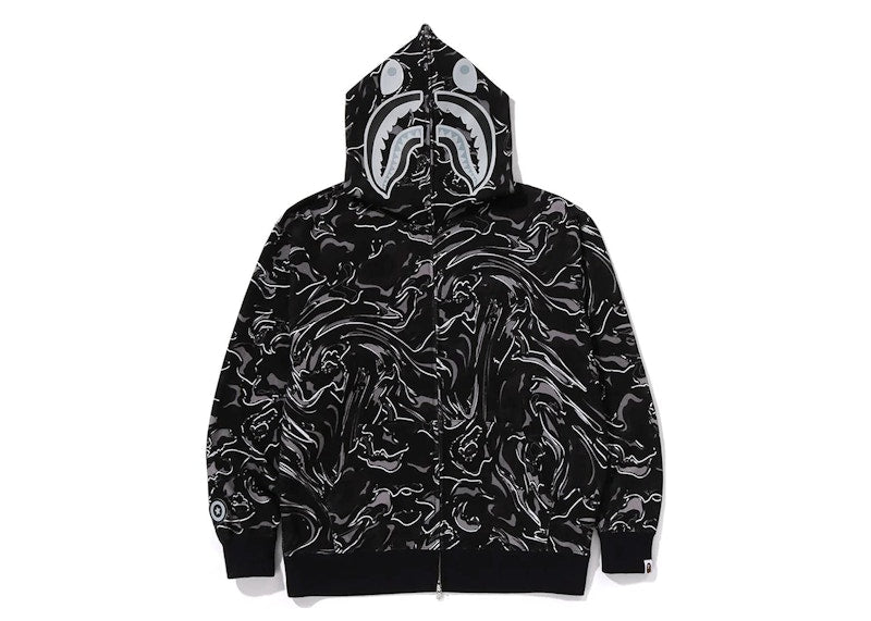 BAPE Marbling Camo Shark Relaxed Fit Full Zip Hoodie Black