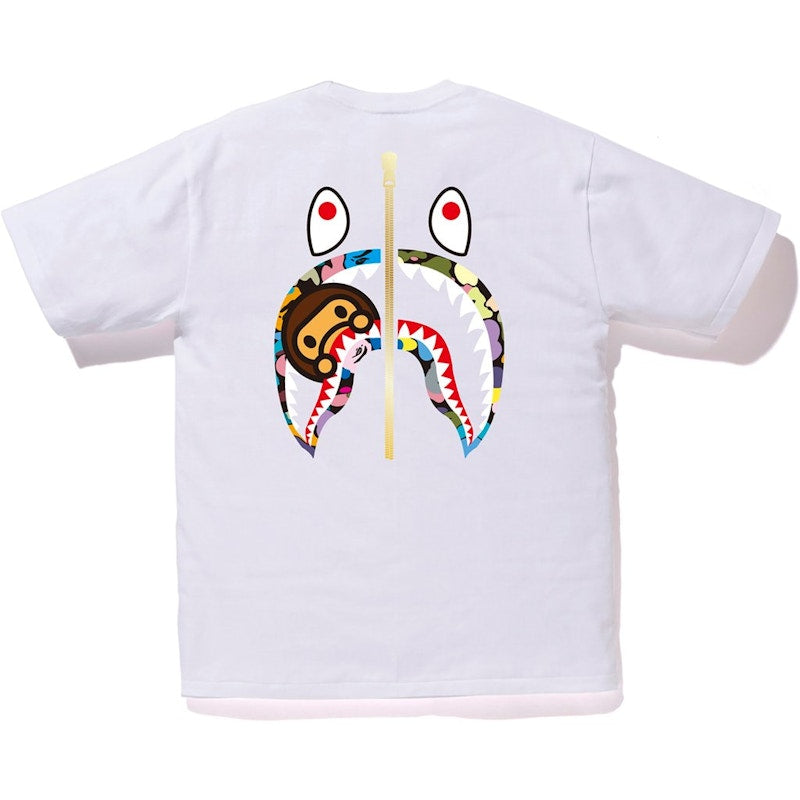 BAPE Multi Camo WGM Milo Gold Zip Shark Tee White