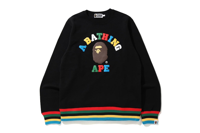 BAPE Multi Color Letters College Line Rib Crewneck Black