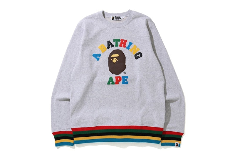 BAPE Multi Color Letters College Line Rib Crewneck Grey