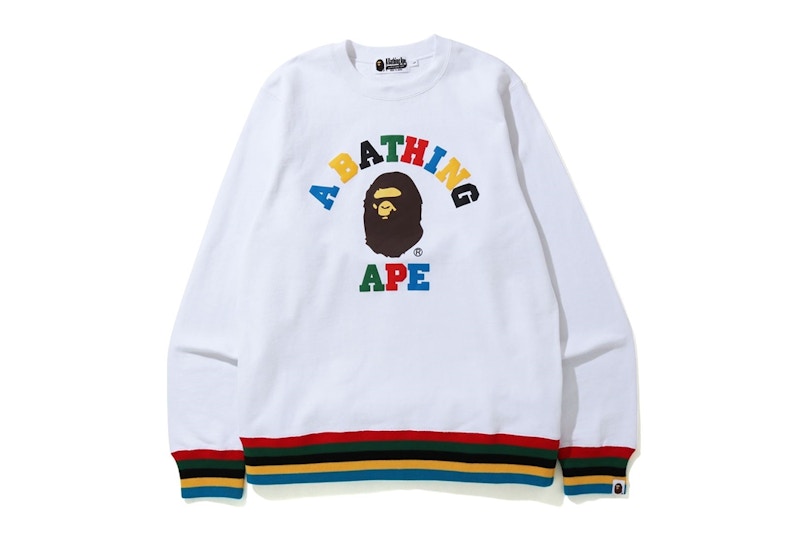 BAPE Multi Color Letters College Line Rib Crewneck White
