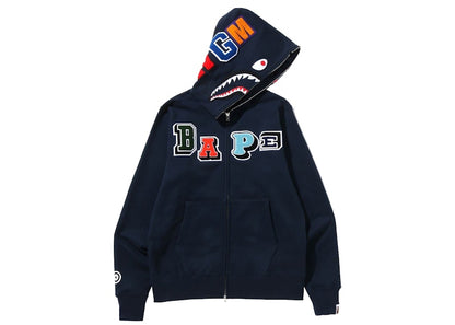 BAPE Multi Fonts Shark Full Zip Hoodie Navy