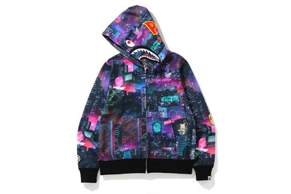 BAPE Neon Tokyo Shark Wide Full Zip Hoodie Black