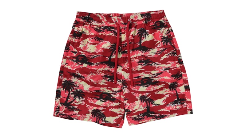 BAPE Palm Tree Camo Relaxed Fit Beach Shorts Red