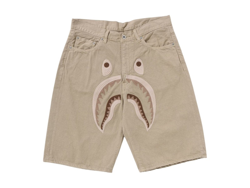 BAPE Shark Garment Dye Relaxed Fit Denim Shorts Beige