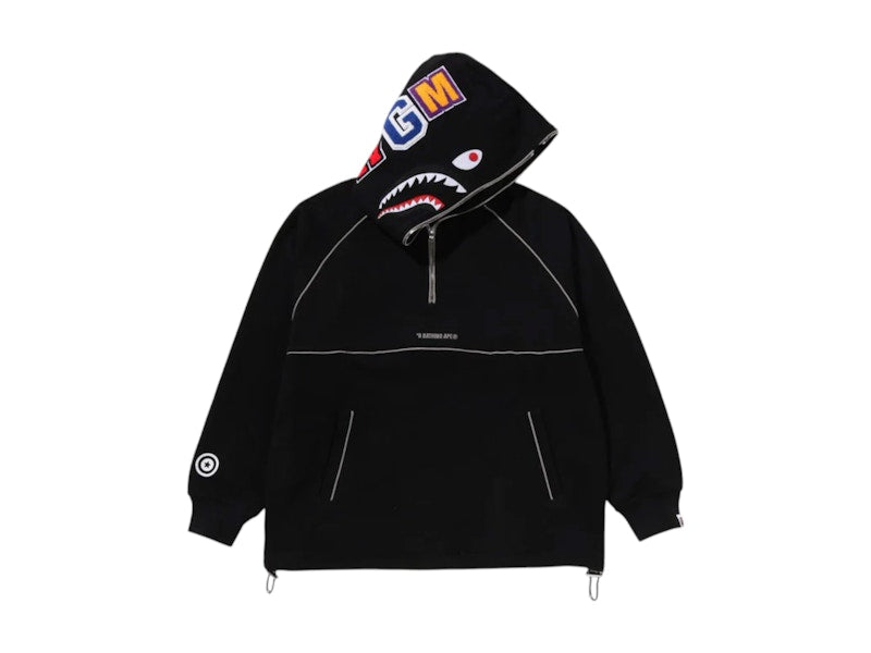 BAPE Shark Logo Half Zip Relaxed Fit Pullover Hoodie Black