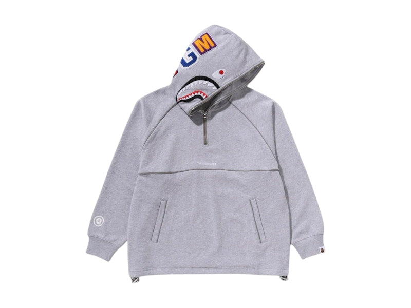 BAPE Shark Logo Half Zip Relaxed Fit Pullover Hoodie Grey