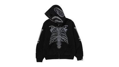 BAPE Skeleton Shark Heavy Washed Cropped Fit Full Zip Hoodie Black