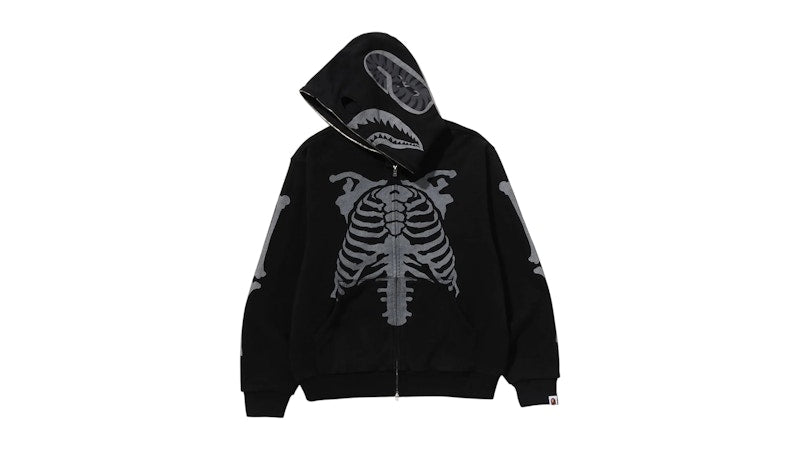 BAPE Skeleton Shark Heavy Washed Cropped Fit Full Zip Hoodie Black