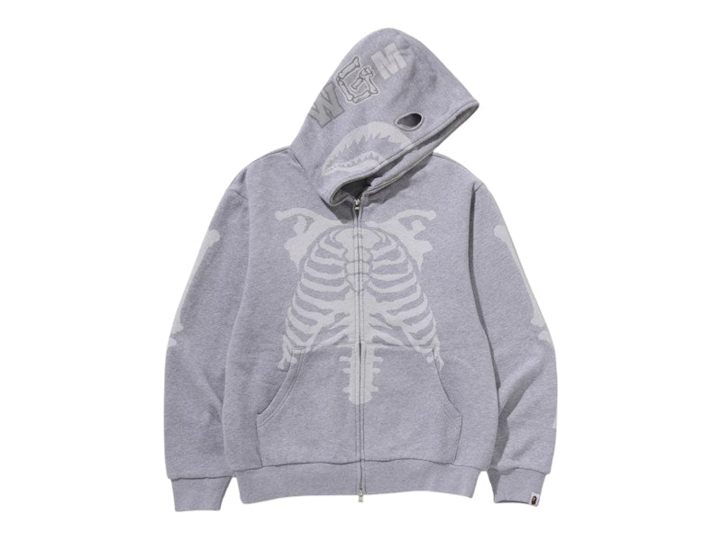 BAPE Skeleton Shark Heavy Washed Cropped Fit Full Zip Hoodie Grey