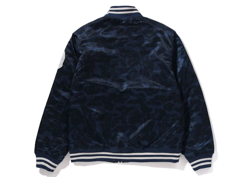 BAPE Solid Camo NYC Logo Nylon Varsity Jacket Navy