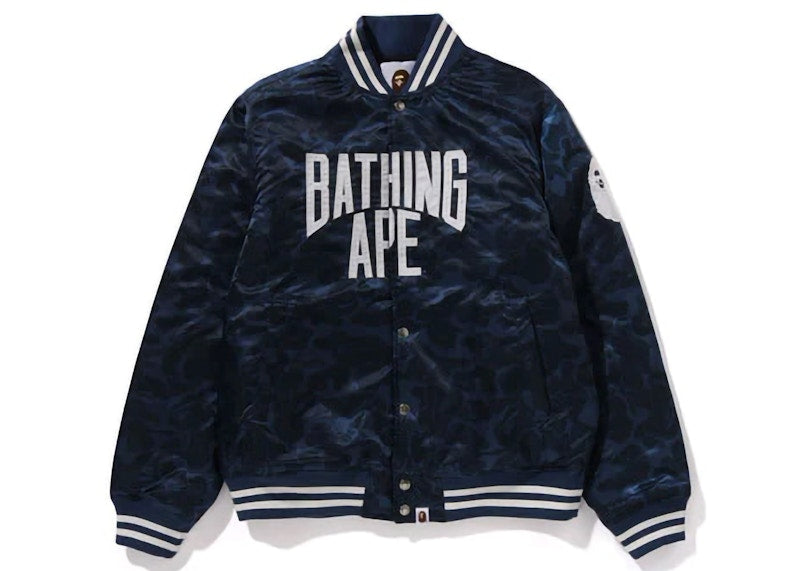 BAPE Solid Camo NYC Logo Nylon Varsity Jacket Navy