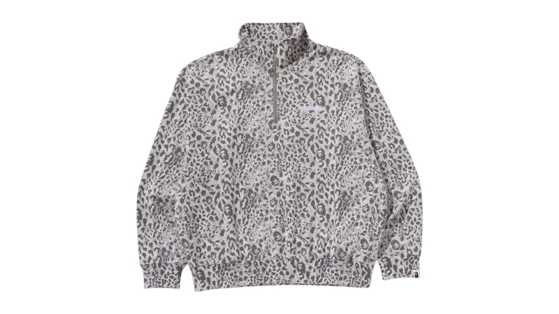 BAPE Wild Leopard Pattern Relaxed Fit Half Zip Sweatshirt Gray