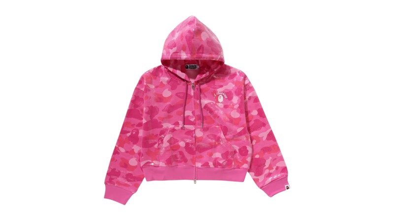 BAPE Women's Color Camo Ape Head Sequin Cropped Full Zip Hoooie Pink