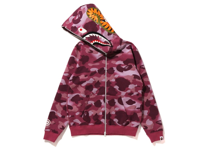 BAPE Women's GRID Camo Shark Full Zip Hoodie Burgundy