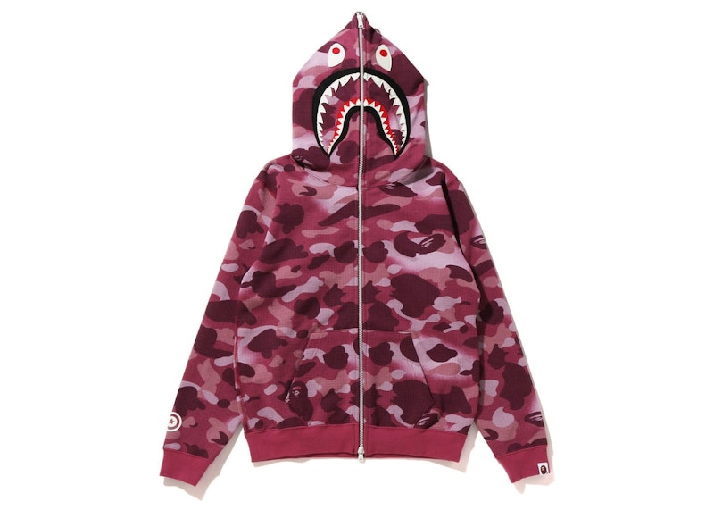 BAPE Women's GRID Camo Shark Full Zip Hoodie Burgundy