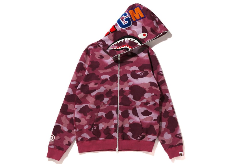 BAPE Women's GRID Camo Shark Full Zip Hoodie Burgundy