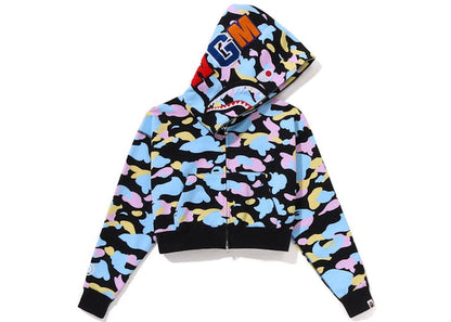BAPE Womens New Multi Camo Cropped Shark Full Zip Hoodie Black