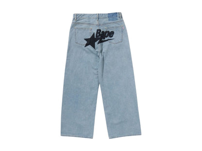 BAPE Women's Sta Embroidery Baggy Denim Pants Blue