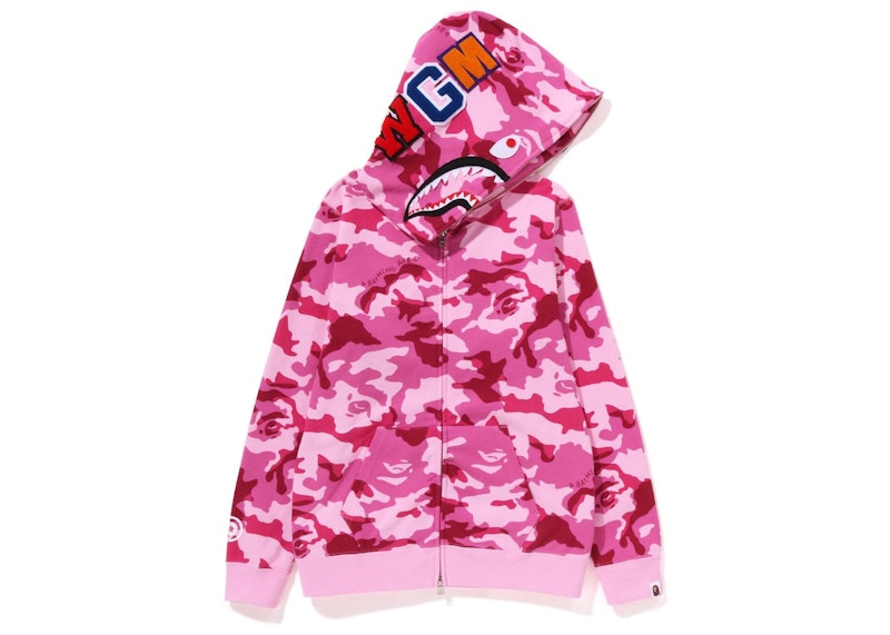 BAPE Womens Woodland Camo Shark Full Zip Hoodie Pink