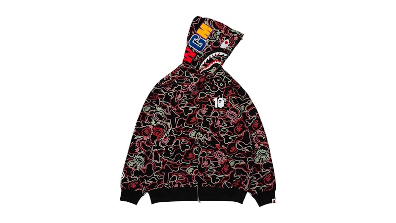 BAPE x 88Rising Glow In The Dark Camo Shark Full Zip Hoodie Red