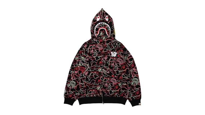 BAPE x 88Rising Glow In The Dark Camo Shark Full Zip Hoodie Red