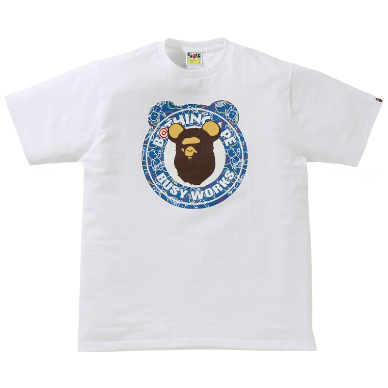 BAPE x Bearbrick Camo Bear Busy Works Tee White Blue