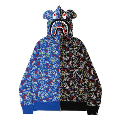 BAPE x Bearbrick Camo Bear Shark Full Zip Hoodie Black Blue