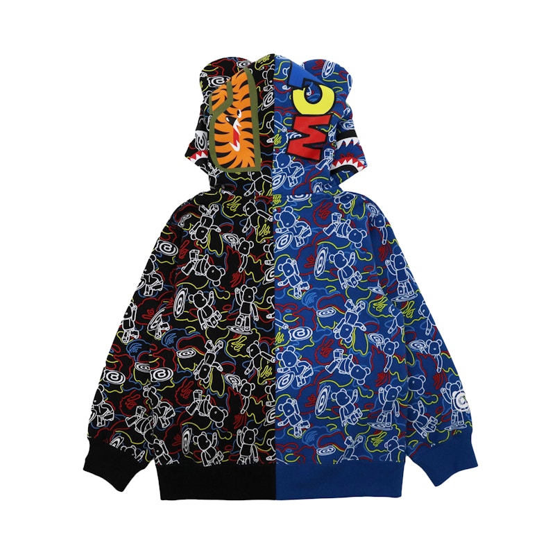 BAPE x Bearbrick Camo Bear Shark Full Zip Kids Hoodie Black Blue