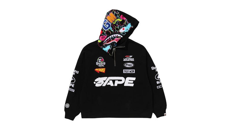 BAPE x F1LVMulti Logo Shark Relaxed Fit Half Zip Hoodie Black