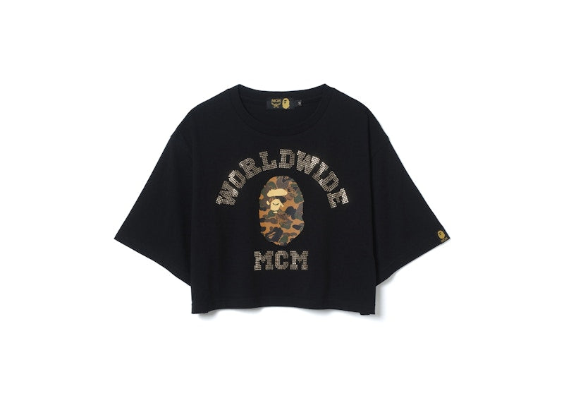 BAPE x MCM Rhinestone College Short Tee Black