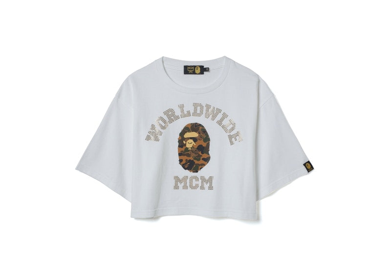BAPE x MCM Rhinestone College Short Tee White