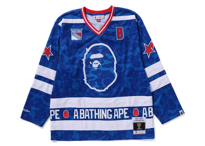 BAPE x Mitchell & Ness NHL New York Rangers Mesh Hockey Jersey L/S Tee Blue