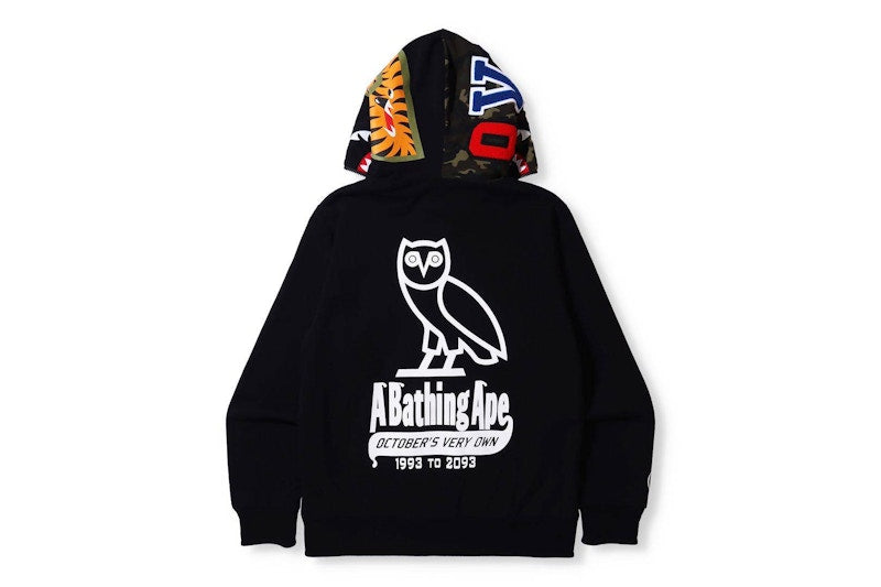 BAPE x OVO Woodland Camo Shark Reversible Full Zip Hoodie Black